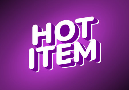 Stylized text graphic featuring the words HOT ITEM in bold, white letters with a shadow effect, set against a vibrant purple background.のイラスト素材
