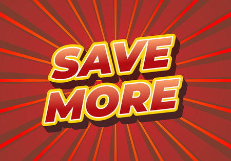 A vibrant graphic featuring the bold text SAVE MORE in a comic style font, set against a dynamic red background with radiating lines.のイラスト素材