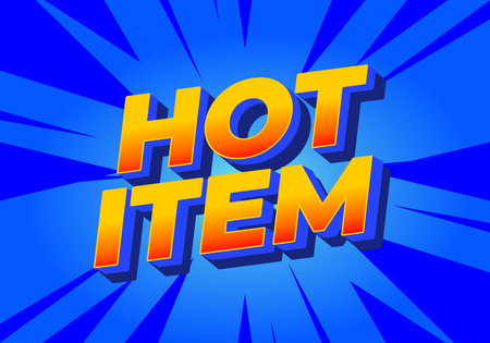 A vibrant graphic featuring the text HOT ITEM in bold, colorful letters against a bright blue background with dynamic rays emanating from the center.のイラスト素材
