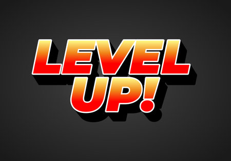 A bold and colorful graphic text saying LEVEL UP! with a gradient effect, set against a dark background.のイラスト素材