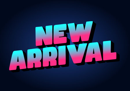 A vibrant graphic design featuring the words New Arrival in bold, 3D text with a gradient from pink to blue against a dark background.