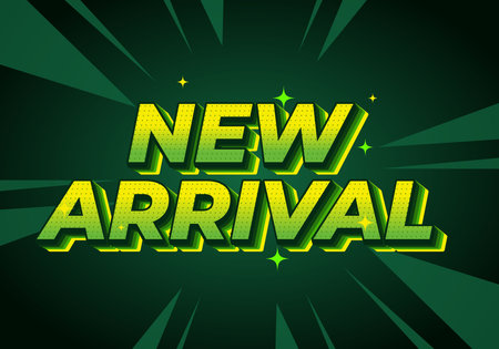 A vibrant graphic design featuring the words New Arrival in bold, green letters with a comic style effect, set against a dark green background with starburst patterns.のイラスト素材