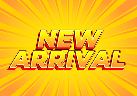 A vibrant graphic featuring the text NEW ARRIVAL in bold, colorful letters against a bright yellow background with radiating lines.のイラスト素材