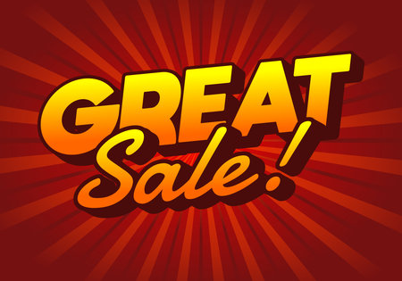 A vibrant graphic featuring the words GREAT Sale! in bold, stylized typography with a gradient from yellow to orange, set against a red radial background.のイラスト素材