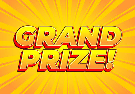 A vibrant graphic featuring the text GRAND PRIZE! in bold, 3D letters with a bright yellow and orange sunburst background.のイラスト素材
