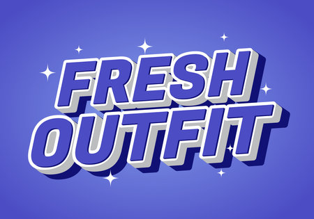 A vibrant graphic design featuring the words Fresh Outfit in bold, 3D typography with a purple background and sparkling accents.のイラスト素材