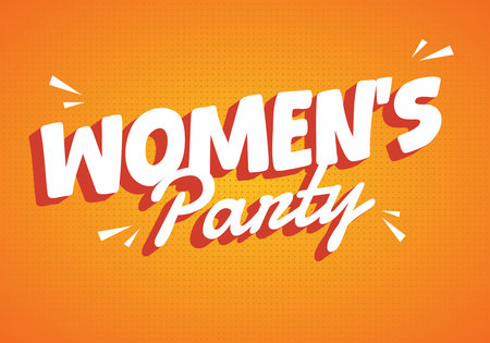 A vibrant graphic design featuring the text Womens Party in bold, playful typography on an orange background with decorative elements.のイラスト素材