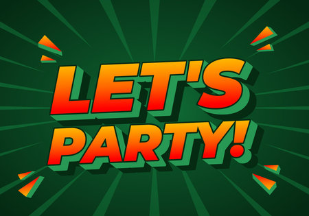 A vibrant graphic design featuring the text LETS PARTY! in bold, colorful letters against a green background with dynamic rays and decorative elements.のイラスト素材