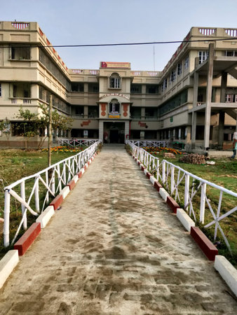 Wide angle shot of the Vivekananda Shiksha Niketan building at Joygopalpur in West Bengal state in...