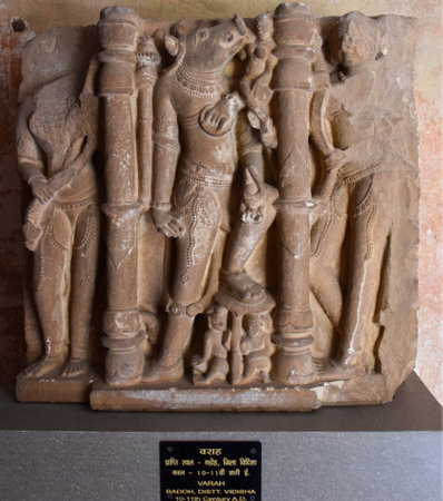 Gwalior, Madhya Pradesh/India - March 15, 2020 : Sculpture of Varah built in 10-11th Century A.D., this is the avatar (incarnation) of Hindu god Vishnuのeditorial素材
