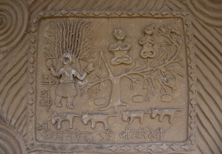 Bhopal, Madhya Pradesh/India : January 15, 2020 - Antique clay design on wall made by tribes at Manav Sangrahalaya (Museum), Bhopal, Madhya Pradesh/Indiaのeditorial素材