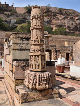 Gwalior, Madhya Pradesh/India - March 15, 2020 : Designer pillar at Gujari Mahal Museum in Gwalior Fortのeditorial素材