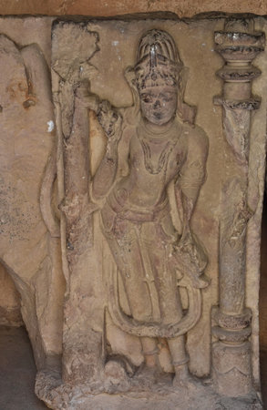 Indian Architecture of 5th Century. Stone sculptures on the wall inside the Neelkanth temple in...