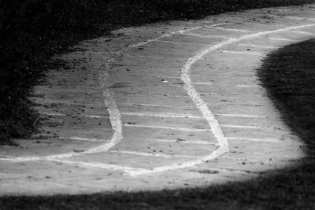 Black and white shot of an S curved pathway