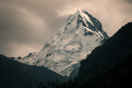 Landscape shot of Gangotri Glacier under dark overcast skyの写真素材