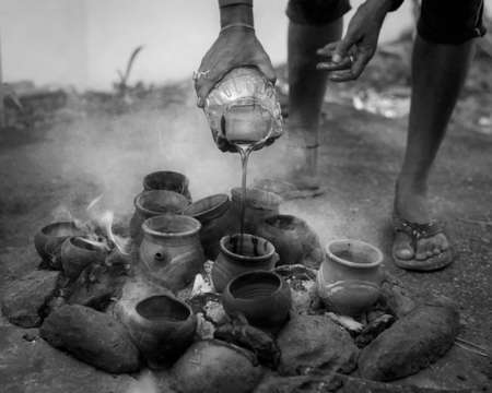 Black and white shot of snow covered Kinnaur Kailash mountain peak in Indiaの写真素材
