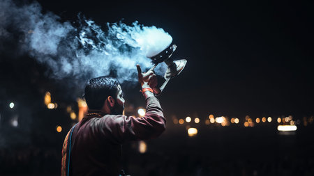 A man with a beard in a red jacket with an electronic smoking device in his hands on a dark...