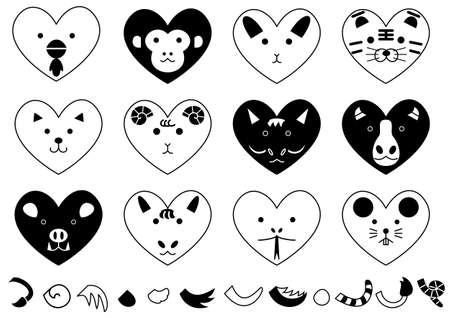 twelve heart-shaped animals of the zodiacal signsのイラスト素材