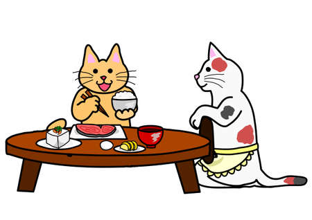 cat taking Japanese breakfastのイラスト素材