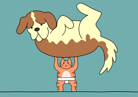 Sumo cat lifts the dogのイラスト素材