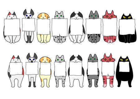 standing and sitting cats with board in their mouthsのイラスト素材