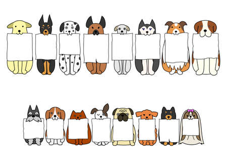 sitting dogs with board in their mouthsのイラスト素材
