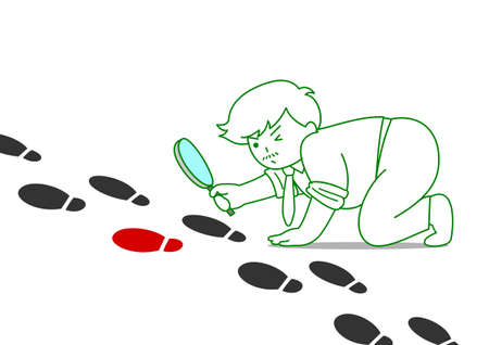 Man watching footprints through magnifying glassのイラスト素材