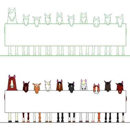Horses in a row with a white boardのイラスト素材