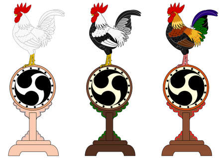 set of roosters standing on Japanese old drumsのイラスト素材
