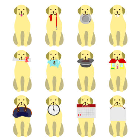 set of Labrador retriever holding object in its mouthのイラスト素材