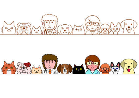 veterinarians and pet cats and dogs border setのイラスト素材