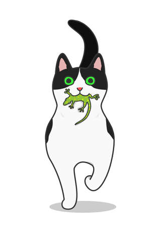 A cat come running with a lizard in its mouthのイラスト素材