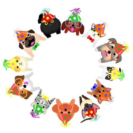 Sitting small dogs and cats with party hats looking up circle.のイラスト素材