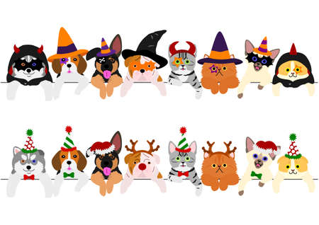 cute puppies and kitties border set with Halloween costumes and with Christmas costumesのイラスト素材