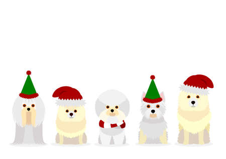 white small dogs with Santa Claus hatのイラスト素材
