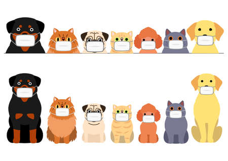cute cartoon cats and dogs with medical mask border setのイラスト素材