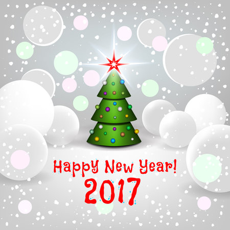 New Year background with elegant cartoon Christmas tree and Happy New Year 2017! inscription.  Vector illustrationのイラスト素材