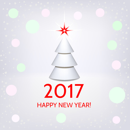 New Year background with elegant white Christmas tree and Happy New Year 2017! inscription. Vector illustrationのイラスト素材
