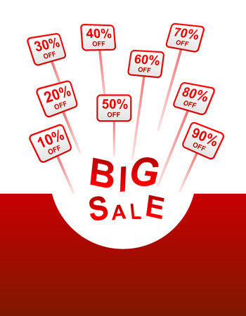 big sale red background with plates with sticks indicating percent discount from 10 to 90 and the inscription BIG SALEのイラスト素材