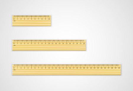 Set of wooden rulers 10, 20 and 30 centimeters with shadows isolated on white. Measuring tool. School supplies.のイラスト素材