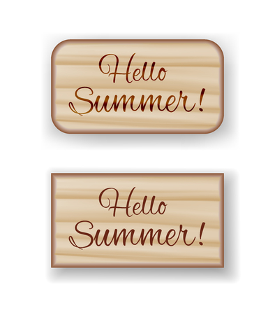 Hello Summer wooden boards. Inscription hello summer on wooden boards with straight and rounded corners with nature textureのイラスト素材