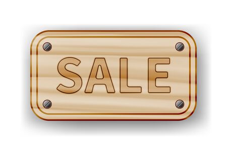 Wooden vintage board or plank fixed with four screws with a bright inscription Sale. Table isolated on white background with shadowのイラスト素材