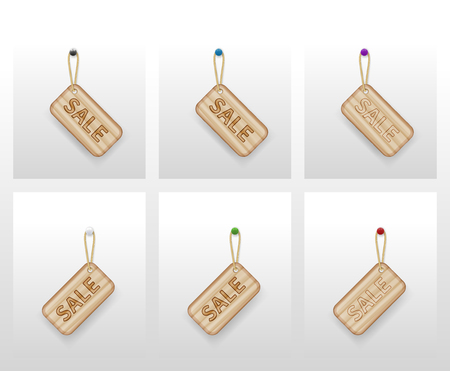 Set of wooden tags with ropes hanging on the button with the inscription saleのイラスト素材