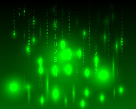 Abstract green background in the style of a matrix with columns of random numbers and bright flashes. Vector illustrationのイラスト素材
