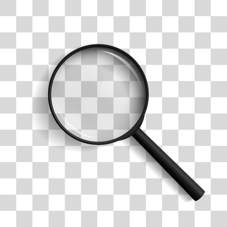 Magnifying lens / glass, magnifying glass with shadow arranged at an angle of 45 degrees in left isolated on transparent background. Realistic vector illustrationのイラスト素材