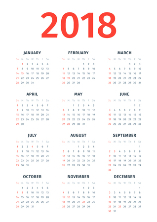 Calendar for 2018 with noted US holidays on white backdrop.のイラスト素材