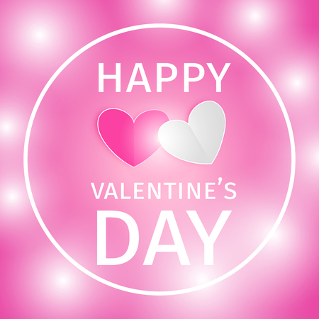 Romantic background with greetings on Valentine's Day with white and red hearts on pink with glow. For holiday decorationのイラスト素材