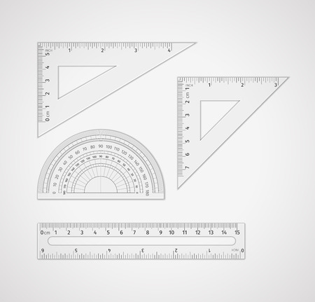 School supplies. Set of measuring tool: ruler, triangular ruler, equilateral triangle ruler, set square triangular plates for drawing lines, especially at 90, 45, 60, or 30 degrees, protractorのイラスト素材