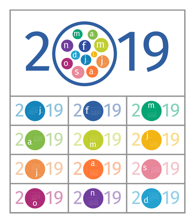 Template calendar 2019 with horizontal pages. Design of months in form of circles in the middle of number 2019. Name of month is abbreviated with  increased first letter. EPS 10 Vector.のイラスト素材