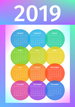Colorful 2019 calendar from multicolored circles. Week starts on Sunday. EPS 10 Vector.のイラスト素材